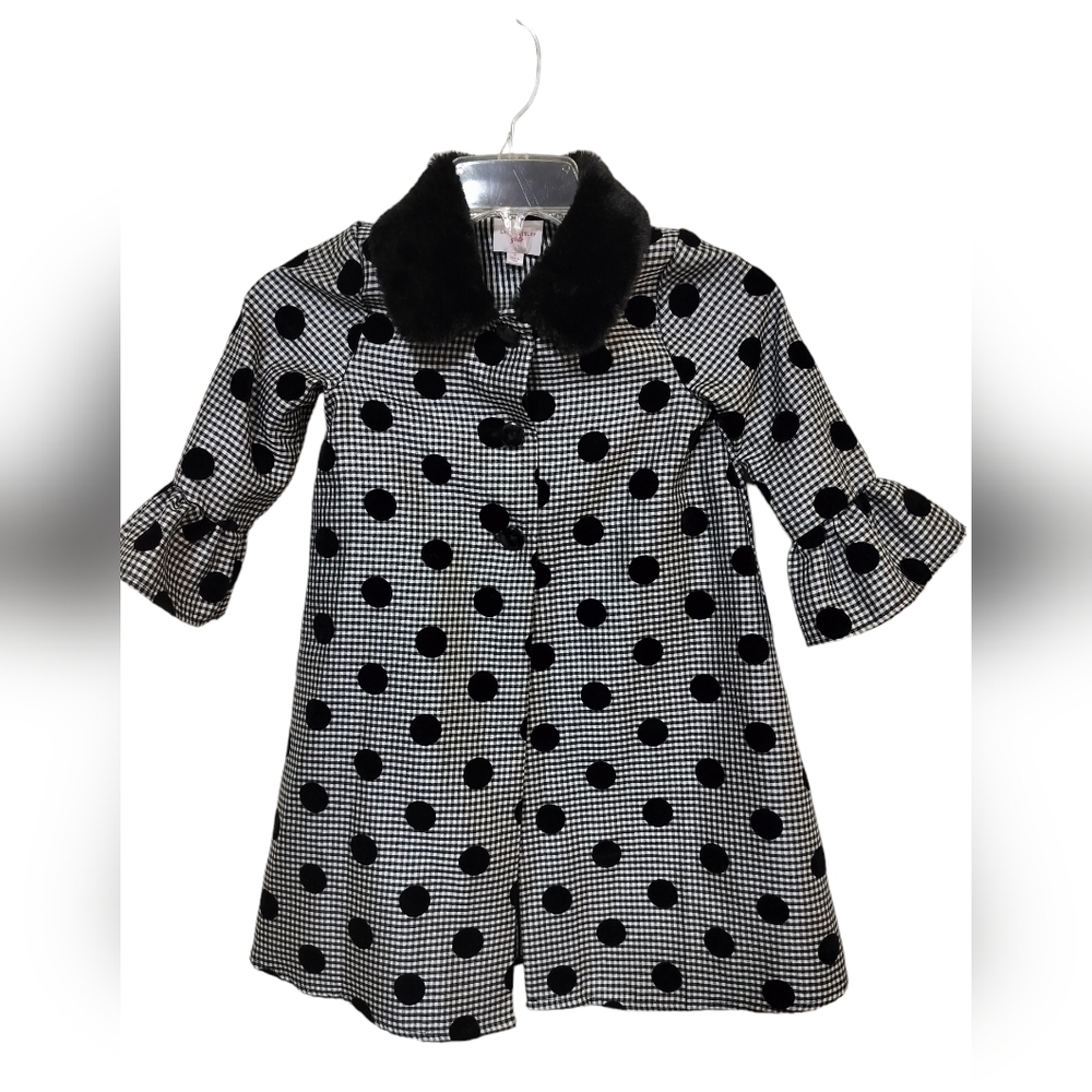 1813)Laura Ashley Girls Black White Checked Polkadot Faux Fur Ruffle Coat Size 6